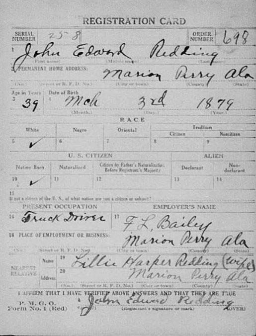 US World War I draft registration card